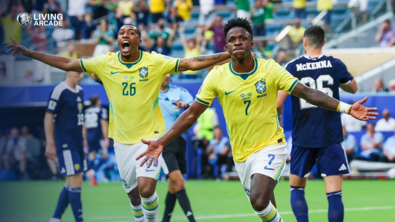 Brazil players celebrating after opening the scoring