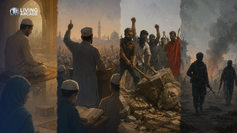 Illustration showing four separate figures, representing the difference between faith, conservatism, coercion and militancy