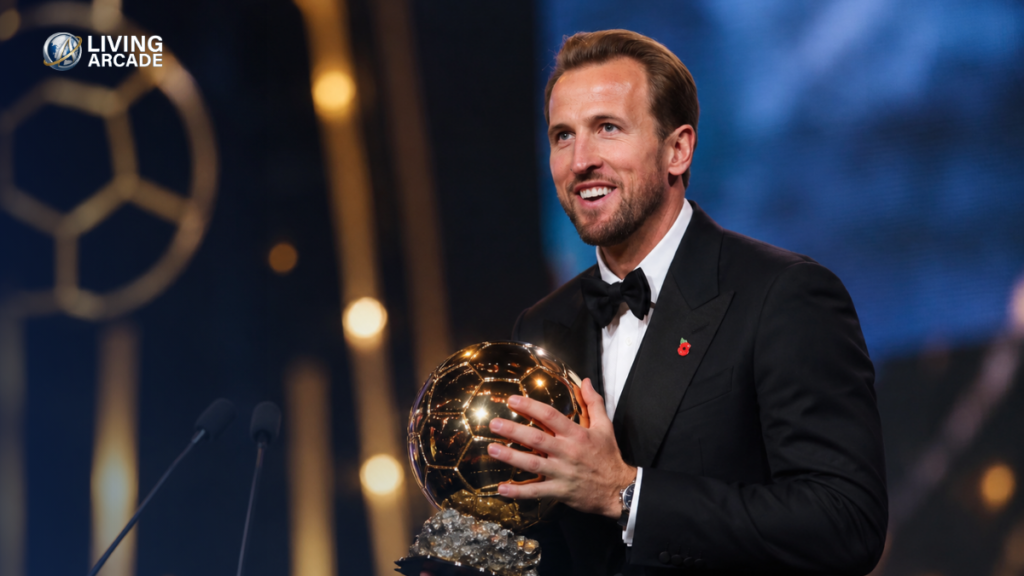 Harry Kane wins Ballon d’Or 2026 and holds the trophy in London